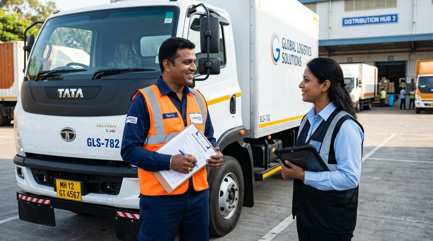 RN Express verified commercial driver conducting pre-trip inspection with fleet officer